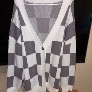 Checkerboard V-Neck Button Front Women's Cardigan - Gray & White